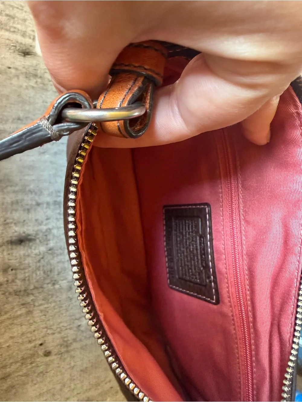 Coach Brown Leather Shoulder Bag with Tan Strap and Pink Topstitching
